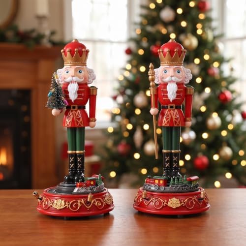 VOSAREA 2pcs Traditional Nutcracker Figurines Music Box - Christmas Tabletop Nutcracker Decor with Wind-up Spinning Train - Holiday Shelf Centerpiece for Home Office