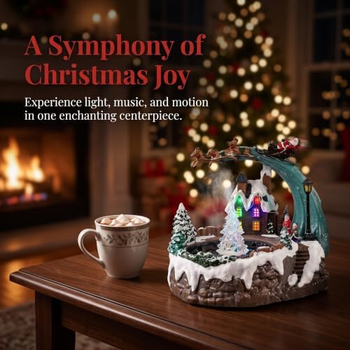 Kisangel Christmas Village House Musical Box: Rotating Xmas Tree with Glowing Lights & Water Spray, Resin Holiday Table Centerpiece Collectible for Seasonal Decor
