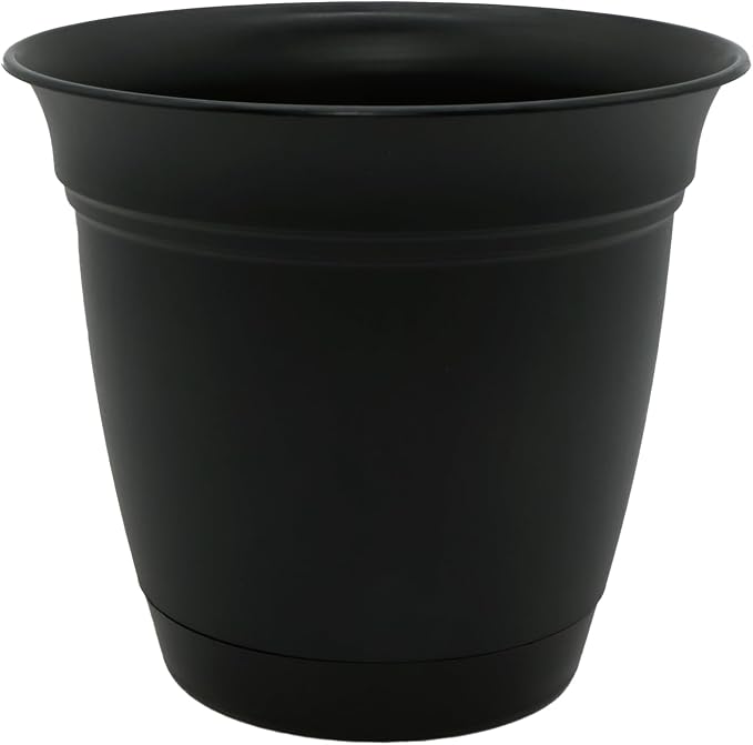 The HC Companies Eclipse Round Planter with Saucer - Outdoor & Indoor Plant Pot with Drainage Holes - Lightweight, UV-Resistant Plastic Pots for Plants, Flowers & Herbs (10" Black, Pack of 1)