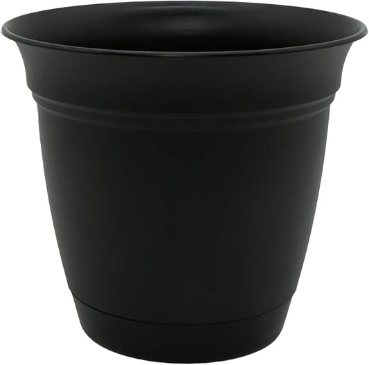 The HC Companies Eclipse Round Planter with Saucer - Outdoor & Indoor Plant Pot with Drainage Holes - Lightweight, UV-Resistant Plastic Pots for Plants, Flowers & Herbs (10" Black, Pack of 1)