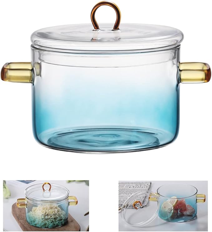 Glass Cooking Pot - 1.5L/50OZ Heat-Resistant Borosilicate Glass Handmade Cookware Set stovetop Pot - Safe for Pasta Noodle, Soup, Milk, Tea Blue
