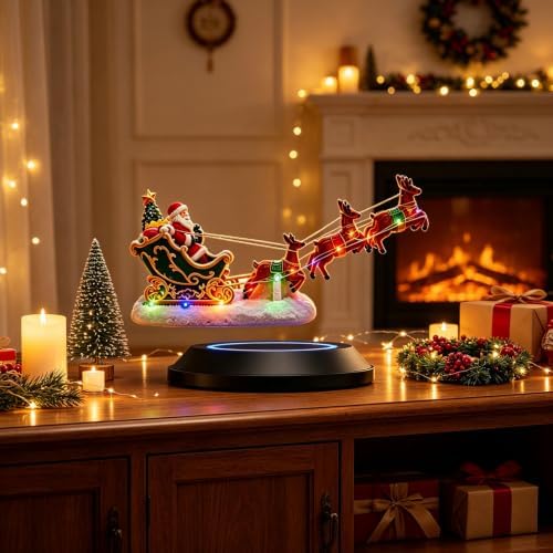 Floating Santa Sleigh with Reindeer, Magnetic Levitation LED Ornament