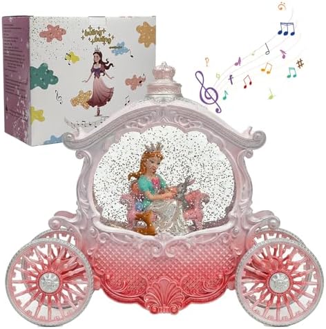 Christmas Pink Carriage Snow Globe with Music and Pricess - Girl with a Crown Scene Water Lantern with Glitter Snow and LED Light - Battery Or USB Cable Powered Operated (Pink Princess)