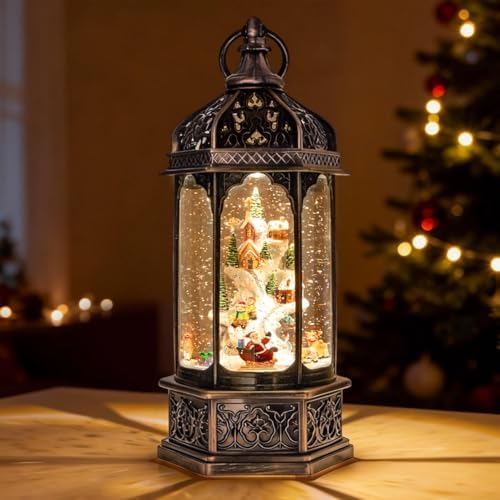 DGSCAK Lighted Musical Christmas Snow Globe Lantern, 12.99" Rotating Santa Village Scene with Swirling Snow, 8 Songs, 6H Timer, USB or Battery Operated, Hanging Christmas Decor
