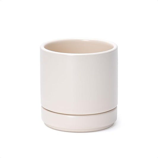 D'vine Dev 4.7 Inch Ceramic Planter Pot, Oatmeal, 94-O-B-8 | Modern Cylinder Design, Drainage Hole & Saucer Included, Stable Structure, Elegant Home Accent