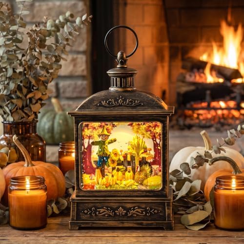 Fall Snow Globe Lantern - Scarecrow and Turkey Lighted Water Lantern with Swirling Glitter Fall Decorations for Home, Thanksgiving, Autumn Harvest Fall Decor