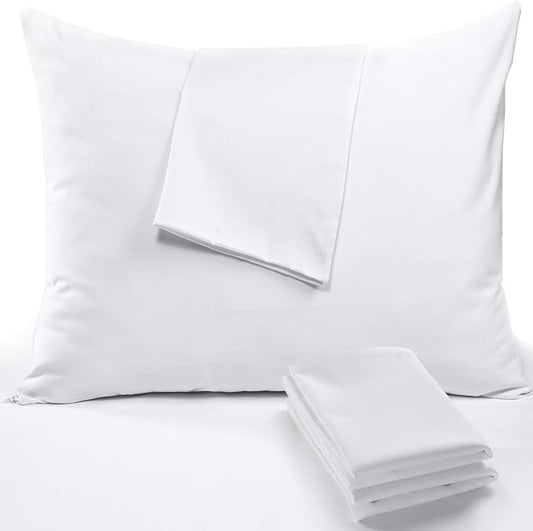 Ultra Soft Pillow Protectors with Zipper Standard Size - Set of 4 Breathable Pillow Covers - 100% Protection Against Stains, Dust & Dirt - Machine Washable (White)