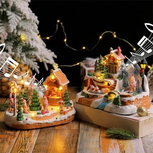 LED Light Christmas Village Scene with Rotating Train Musical Lighted Collection Figurines for Home Decors Musical Village Houses Figurine