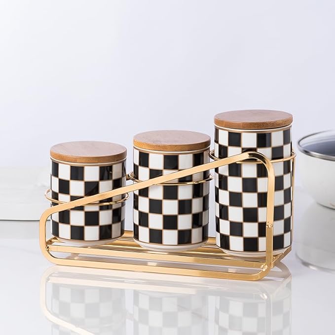 Kitchen Countertop Ceramic Canisters Set, 3Pcs Grid Pattern Kitchen Jars with Layered Shelves, Sealed Countertop Flour and Sugar Containers, Coffee and Tea Storage