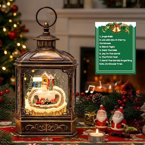VISFLAIR Christmas Village Snow Globe Lantern Musical Lighted Mountain Village Snowman & Train Water Lantern in Swirling Glitter, Christmas Home Decoration and Gift, Battery Operated or USB Powered