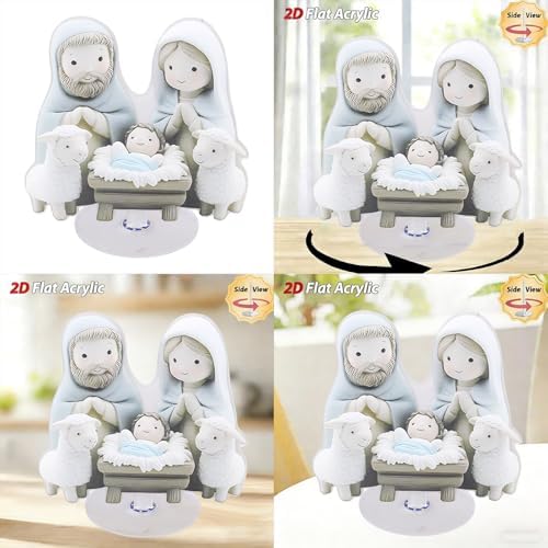 Creative Flat Nativity Sculpture Display with Base for Shelf Mantels Christmas Party Rotating Acrylic Ornament