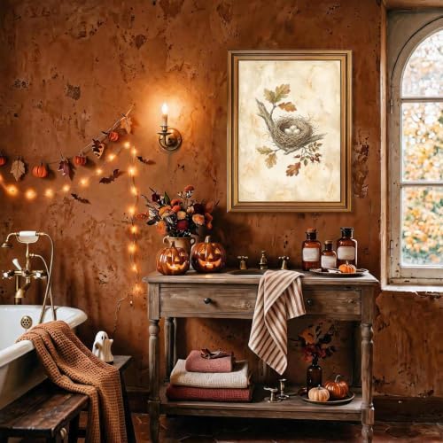 Bird Nest Halloween Wall Art, Gold Vintage Framed Rustic Nature Print