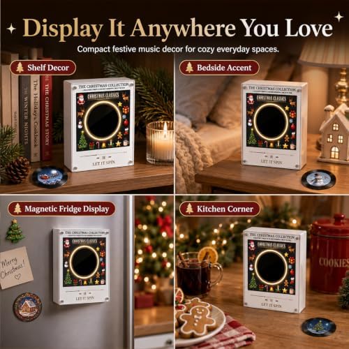 Refrigerator Music Player, Magnetic Refrigerator MP3 Music Box with 9 CDs, Rotating Vinyl Disc, LED Ambient Light, USB-C Customizable Song Player, Christmas Kitchen Decor Gift