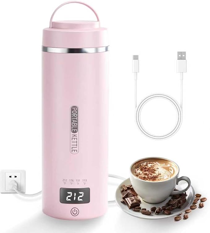 Portable Travel Electric Kettle with Plug-in Boiling & Keeps Warm via USB, 4 Temperature Settings, 304 Stainless Steel with Auto Shut-off, 16oz, Pink