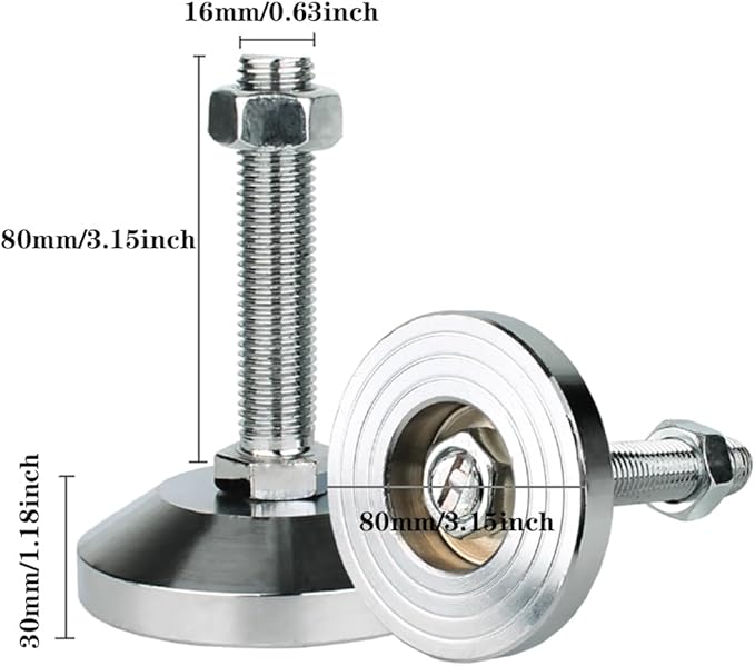 Machine Leveling feet, Heavy Duty Leveler Leg 3.15" Dia. Base, Leg Leveler M16 Thread, 3300 Lb Capacity,Capacity for Workbench, Machine, Cabinet (D80xM16x80,2 Pack,Silvery)