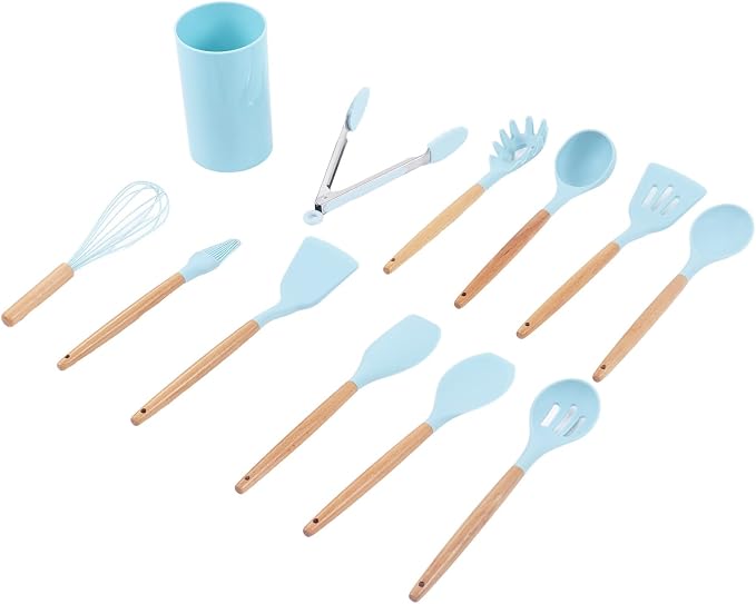 12PCS Kitchen Utensil Set, Non Stick Cooking Utensils with Wooden Handle, Silicone Kitchenware for Cooking Baking and Frying, Includes 12 Essential Tools for Home Restaurant and Pa
