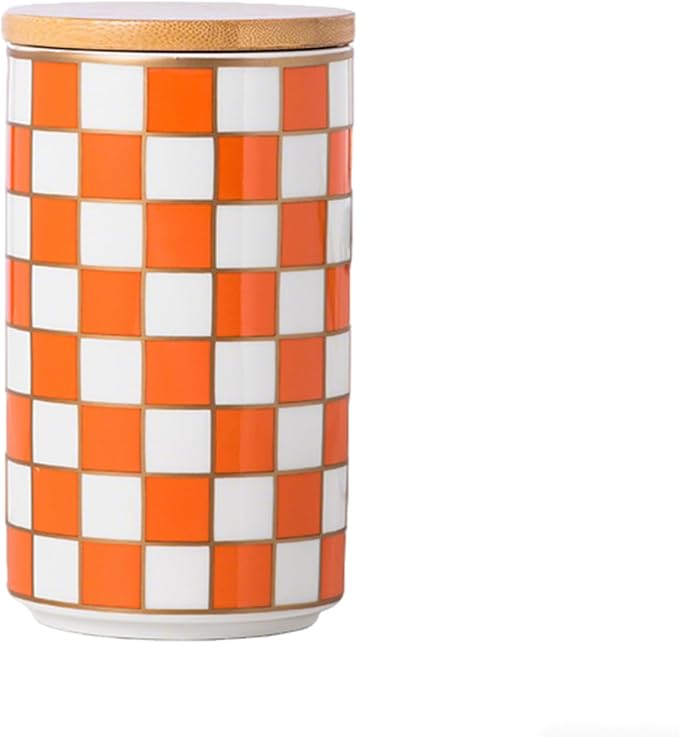 Kitchen Countertop Ceramic Checkered Canisters,Black And White Food Storage Containers With Lid,Airtight Kitchen Canisters for Flour, Sugar, Coffee, Tea, and Dry Goods (Orange, Large)
