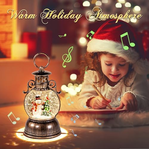 DGSCAK Musical Snow Globe Lantern – 9.4" Lighted Bronze Christmas Snow Globe with Music & Glitter, Snowman & Tree Inside, 8 Songs, 6H Timer, Hanging Ring, USB or Battery Powered, Holiday Decor Gift