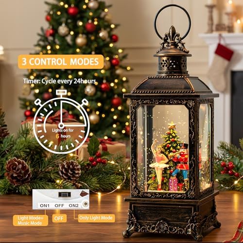 VISFLAIR Christmas Snow Globe Nutcracker Lantern, Musical Lighted Nutcracker & Ballerina Water Lantern Swirling Glittering Home Decoration and Gift, Battery Operated or USB Powered