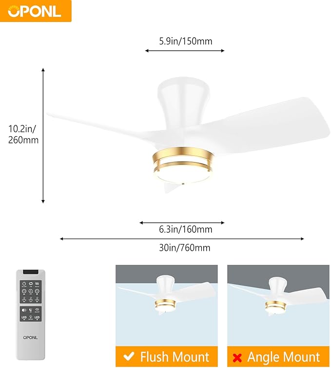 OPONL 30 Inch White Ceiling Fan with Light, with Gold Trim Ring, Large Air Volume, flush mount ceiling fan for Bedroom Kitchen Dining room Patio