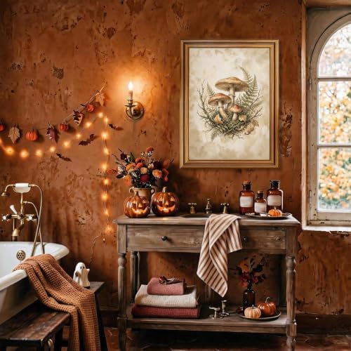 Mushroom Forest Wall Art, Gold Vintage Framed Halloween Decor Print