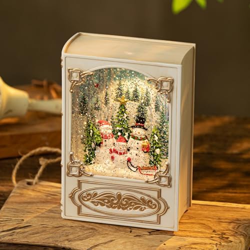 Snowman Santa Christmas Snow Globes Book Lantern, Vintage 8 Songs Music Box
