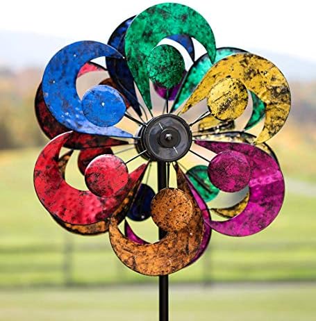 Plow & Hearth Solar Gala Wind Spinner - Enchanting 7ft Multicolor 4-Blade Wind Art | 24"x20.75"x84" | Integrated Solar Panels | LED Lights | Mesmerizing Garden Display