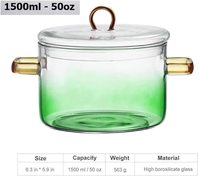 Glass Cooking Pot with Cover, Heat Resistant Glass Saucepan Cooking Pot and Pan with Lid, Glass Cookware Set Cooktop Safe for Pasta Noodle, Soup, Milk, Baby Food (Gradient Green-1500ml)