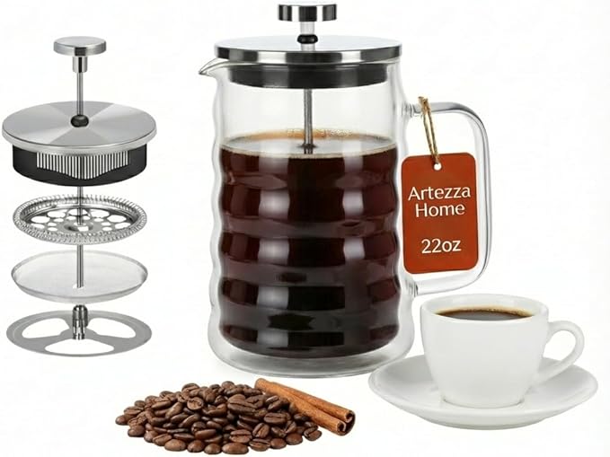 Glass French Press Coffee Maker, Double-Wall Borosilicate Glass Coffee Press with Stainless Steel Mesh Filter, Manual Coffee Brewer & Tea Press, Wavy-Design French Press 22oz (Serves 4–5 Cups)