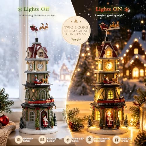 MUMTOP Christmas Village Clock Tower with Animated Reindeer, Light Up Bell Tower and Moving Train with Music for Indoor Holiday Xmas Tabletop Decor