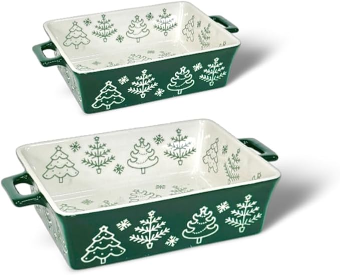Domini Casserole Dishes for Oven, Ceramic Baking Dishes for Oven Set of 2, Lasagna Pan Deep, Baking Pan Set Square Casserole Dish Set with Handles for Baking, Pattern Green(11.4+8.5inch) Christmas