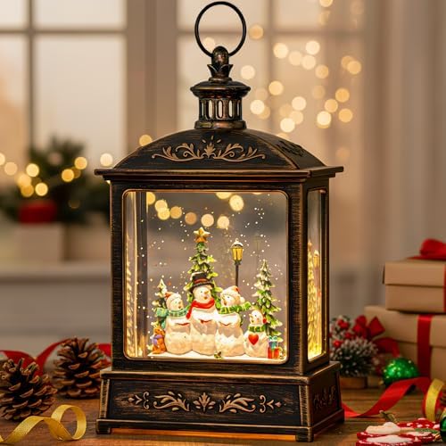 12.5'' Christmas Snow Globe Lantern Lighted Snowman Choir Musical Snowmen Carolers Water Lantern in Swirling Glittering Home Decoration and Gift, Battery Operated or USB Powered