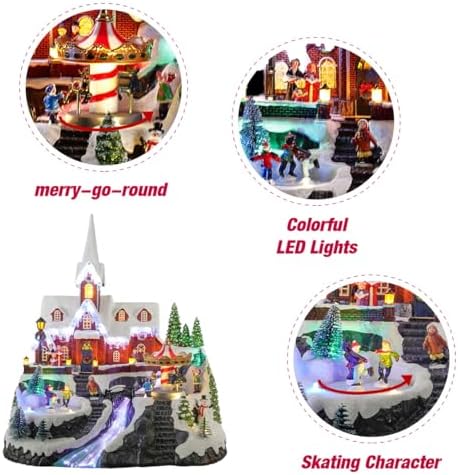15" Christmas Village Church House - Animated Winter Scene with Turning Skaters, Rotating Carousel, Fiber Optic Lights, and Music for Christmas Home Decor Gift - Adapter Included