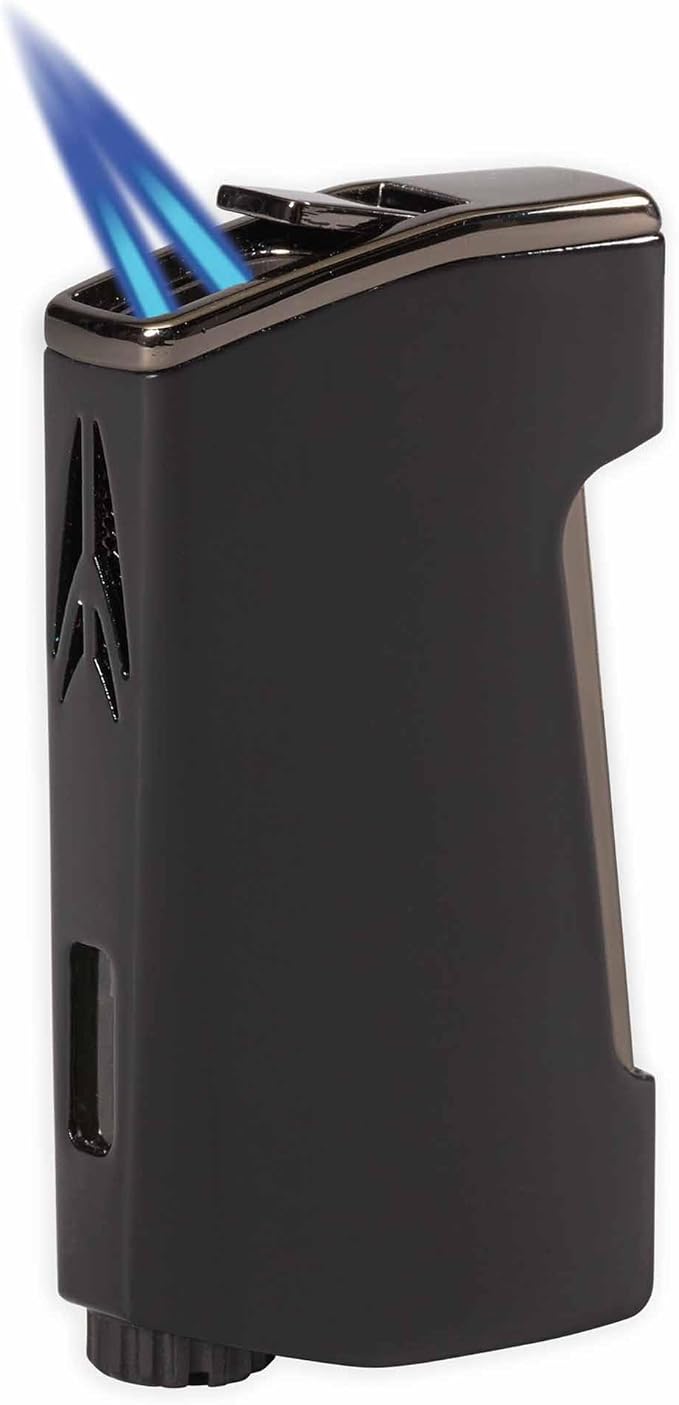 Lotus Chroma Twin Torch Cigar Lighter – Dual Jet Flame, Wind Resistant, Built-in 8mm Cigar Punch (Black)