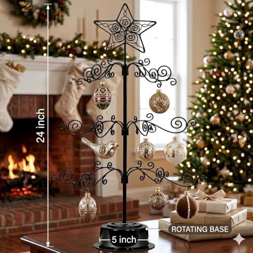 HOHIYA 24" Rotating Ornament Display Tree 36-Hook Metal Stand Black