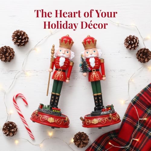 VOSAREA 2pcs Traditional Nutcracker Figurines Music Box - Christmas Tabletop Nutcracker Decor with Wind-up Spinning Train - Holiday Shelf Centerpiece for Home Office