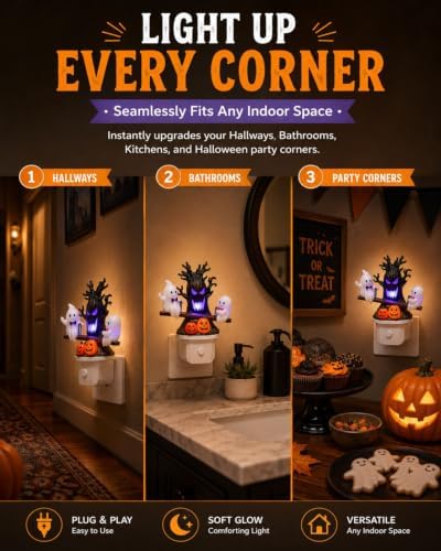 Animated Seesaw Ghost Plug in LED Night Light Halloween Lights with Spooky Tree Pumpkin Design Decor 3D Cute Halloween Ghost Light 2026 New Halloween Pumpkin Trees Lamp Table Lamps