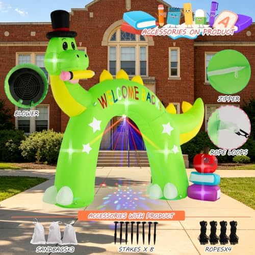 13FT Back to School Inflatable Arch Outdoor Decoration with Color Rotating Lights, Waterproof Blow Up Dinosaur Yard Lawn Patio First Day of School Party Decorations for Kindergarten Elementary School