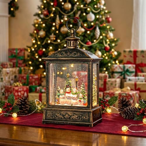 12.5'' Christmas Snow Globe Lantern Lighted Snowman Choir Musical Snowmen Carolers Water Lantern in Swirling Glittering Home Decoration and Gift, Battery Operated or USB Powered