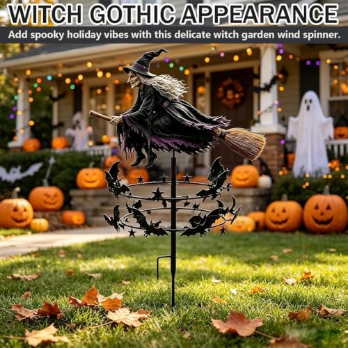 2pcs The Enchanted Witch Garden Wind Spinner, Flying Witch & Bat Design