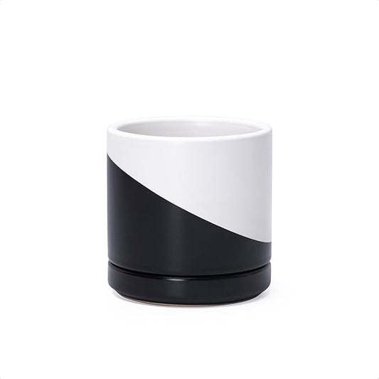 D'vine Dev 3.5 Inch Ceramic Planter Pot, Black White Diagonal, 94-O-A-K | Modern Cylinder Design, Drainage Hole & Saucer Included, Stable Structure, Elegant Home Accent