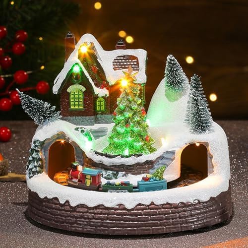 Christmas Village Figurines, 4.7x6.1inch Resin Christmas Village House with Rotating Train & Xmas Tree, Light up Musical Animated Display Collectible House for Home Tabletop Decorations