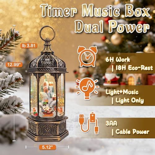 DGSCAK Lighted Musical Christmas Snow Globe Lantern, 12.99" Rotating Santa Village Scene with Swirling Snow, 8 Songs, 6H Timer, USB or Battery Operated, Hanging Christmas Decor