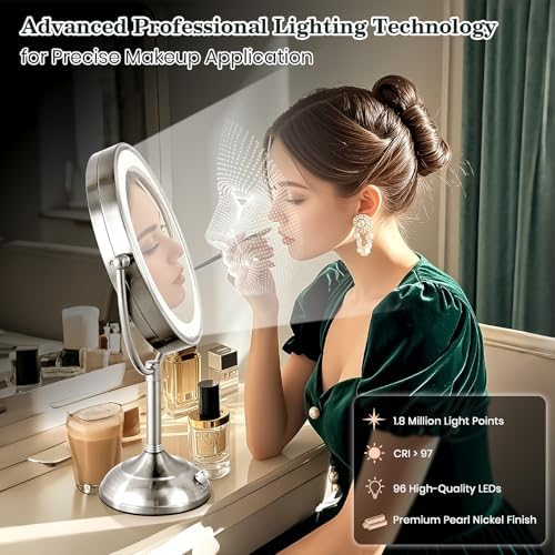 VESAUR 11.8" Extra Large 17" Tall Lighted Makeup Mirror, 1X/5X/10X 3-Sided Magnifying Mirror with 96 LEDs, 3 Color Dimmable Lights, 360° Swivel Dual Power Vanity Mirror, Nickel Finish Luxury Gift Box