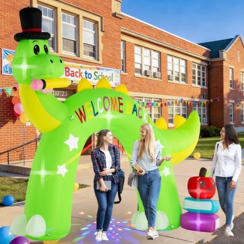 13FT Back to School Inflatable Arch Outdoor Decoration with Color Rotating Lights, Waterproof Blow Up Dinosaur Yard Lawn Patio First Day of School Party Decorations for Kindergarten Elementary School