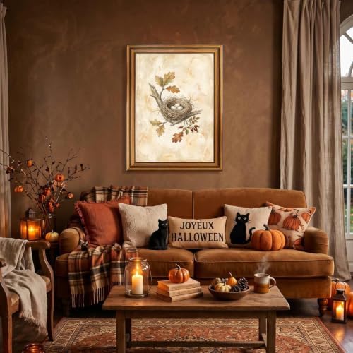 Bird Nest Halloween Wall Art, Gold Vintage Framed Rustic Nature Print
