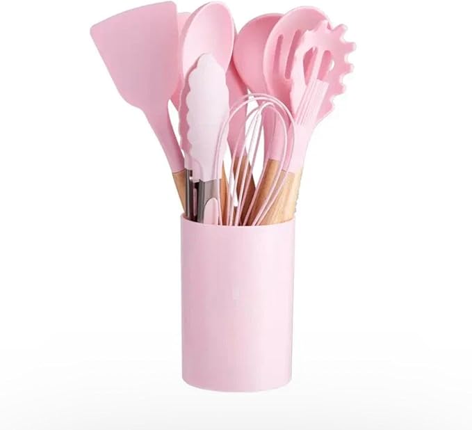 Silicone Kitchen Utensil Set with Wooden Handles – 12 Pieces + Holder, Heat Resistant, Non-Stick Cooking Tools (Multiple Colors (pink)