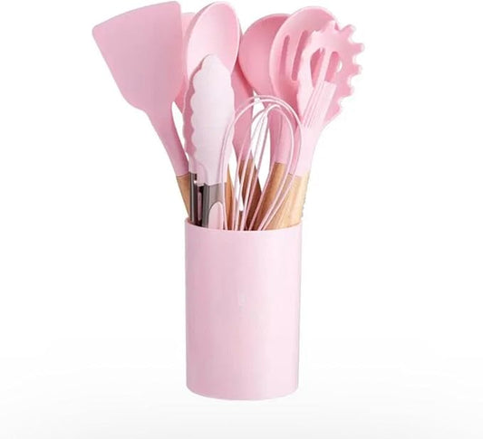 Silicone Kitchen Utensil Set with Wooden Handles – 12 Pieces + Holder, Heat Resistant, Non-Stick Cooking Tools (Multiple Colors (pink)