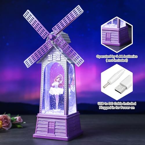 Windmill Christmas Snow Globes Ballerina, Rotating Shatterproof Music Box