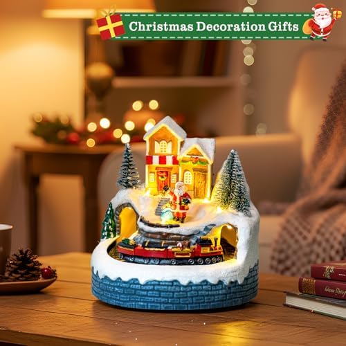 ZQQLITE Animated Collection Figurines Musical Santa Clau Christmas Village Houses with Rotating Train, Lighted Christmas Collection Figurines for Home Tabletop Decorations Ornaments Gifts